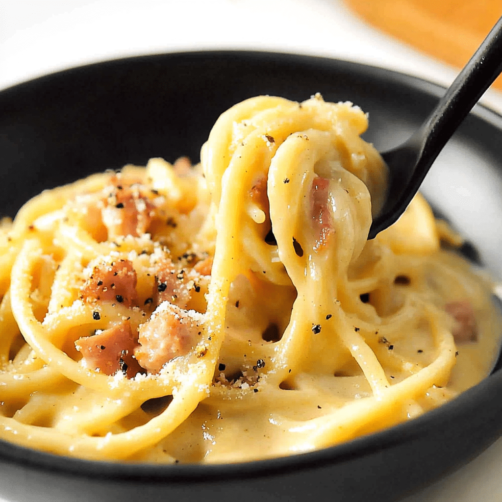 Sos carbonara servit pe farfurie neagră, cu spaghetti și bucăți de bacon