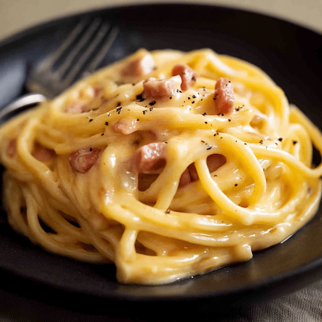 Sos carbonara văzut de sus, cu spaghetti, bacon și pătrunjel proaspăt