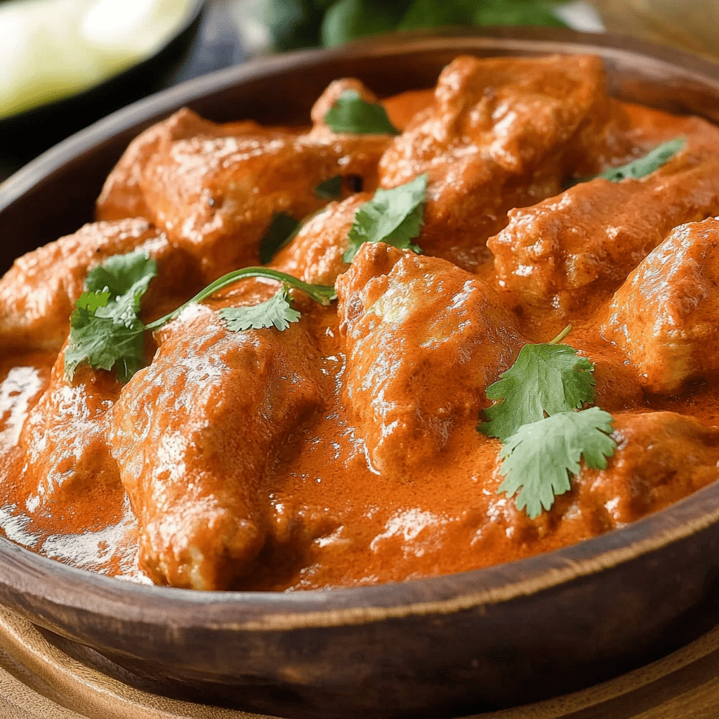 Tocanita de pui cu sos catifelat si bucati fragede, surprinsa in prim-plan