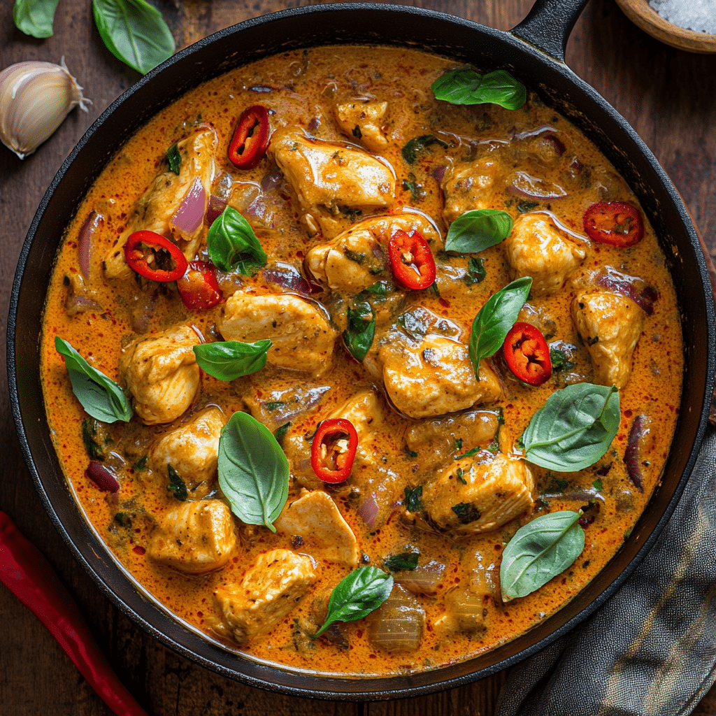 Tocanita de pui in tigaie cu ceapa rosie, ardei iute si busuioc proaspat