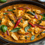 Tocanita de pui cremoasa in tigaie de fonta, cu ardei iute si frunze proaspete de busuioc