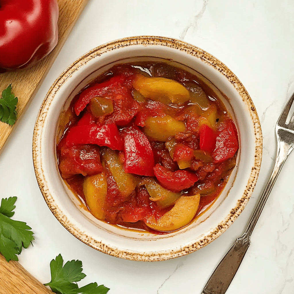 Ardei copți la airfryer în 12 minute – rețeta ușoară pentru ardei copți perfecți 7 Ardei copți la airfryer serviți într-un bol rustic, vedere de sus, cu sos de roșii și ardei copți