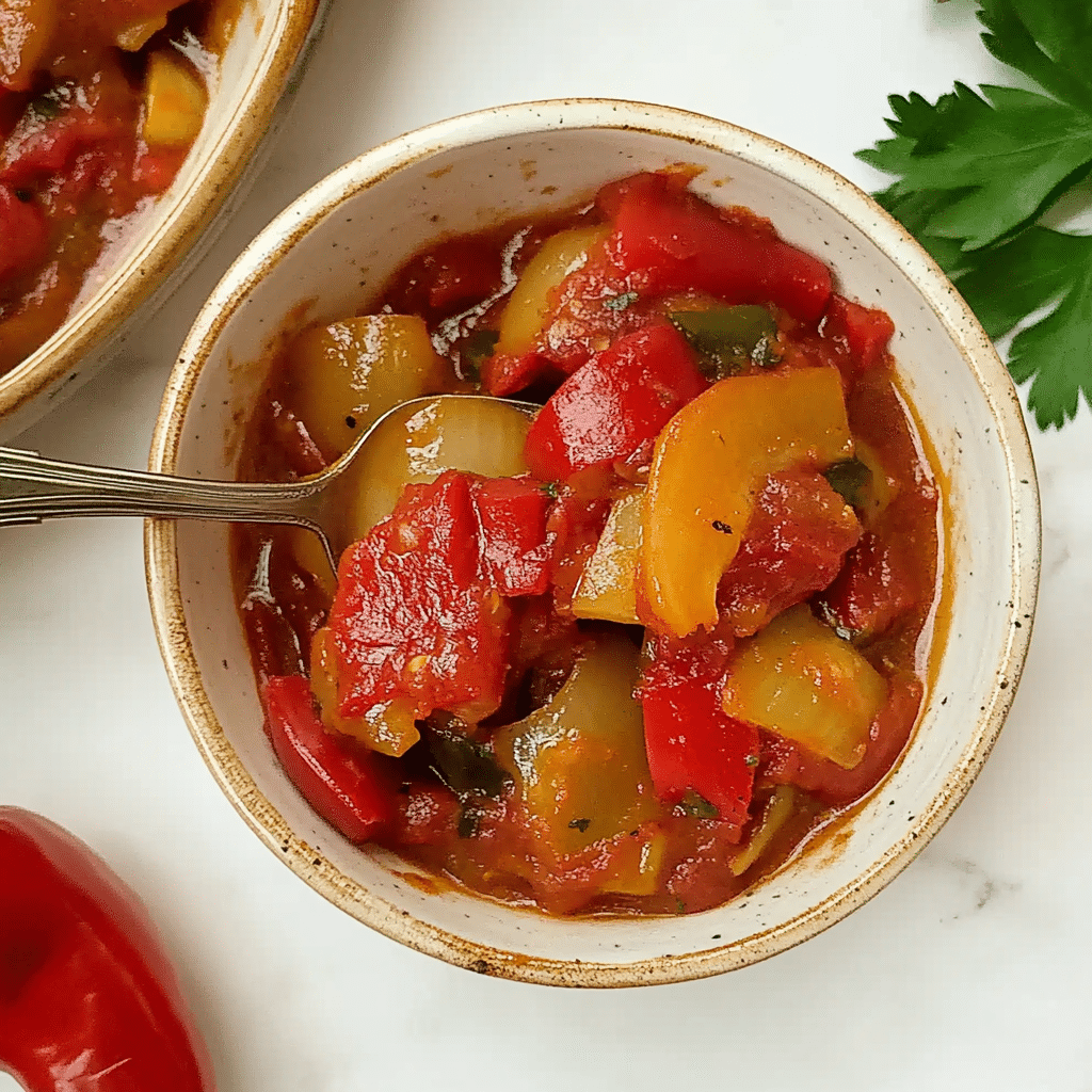 Ardei copți la airfryer în 12 minute – rețeta ușoară pentru ardei copți perfecți 5 Ardei copți la airfryer în bol mic cu sos de roșii și bucăți de ardei roșii și galbeni