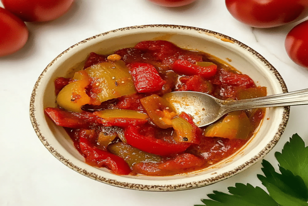 Ardei copți la airfryer serviți într-un bol mic cu lingură, în sos de roșii cu ardei roșii și galbeni