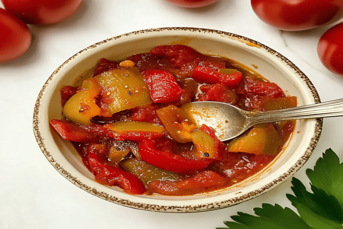 Ardei copți la airfryer în 12 minute – rețeta ușoară pentru ardei copți perfecți 4 Ardei copți la airfryer serviți într-un bol mic cu lingură, în sos de roșii cu ardei roșii și galbeni