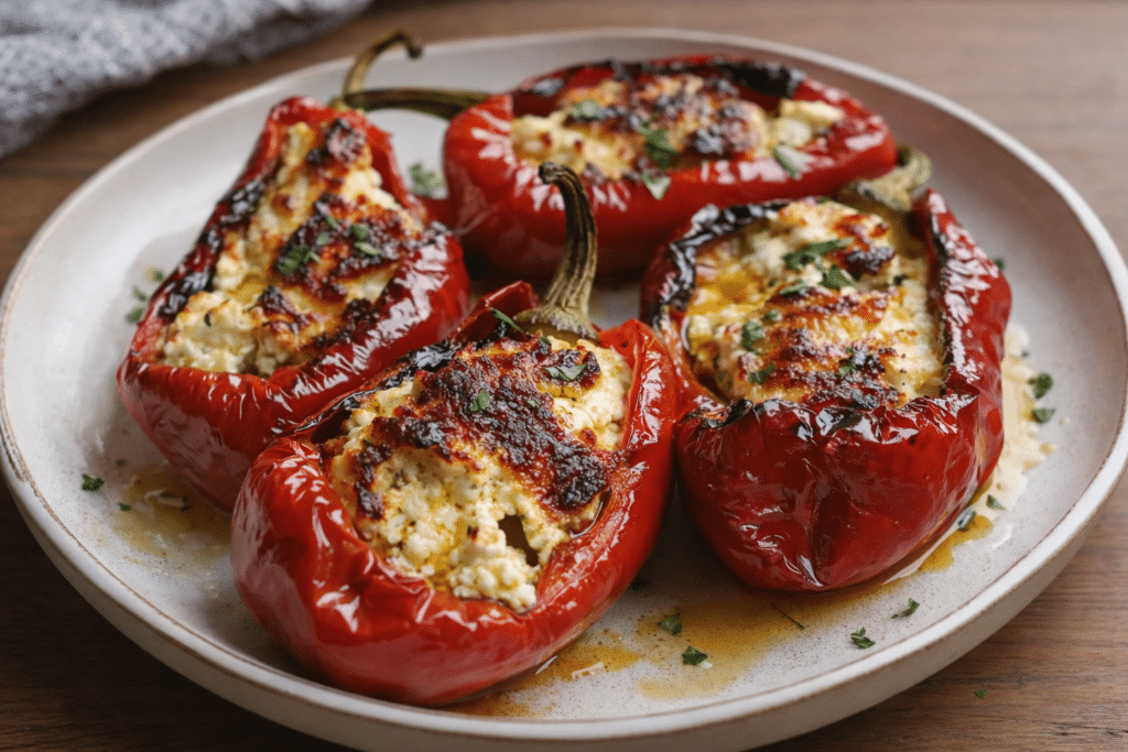 Ardei kapia umpluți cu brânză feta la airfryer într-o tavă rustică, cu crustă crocantă