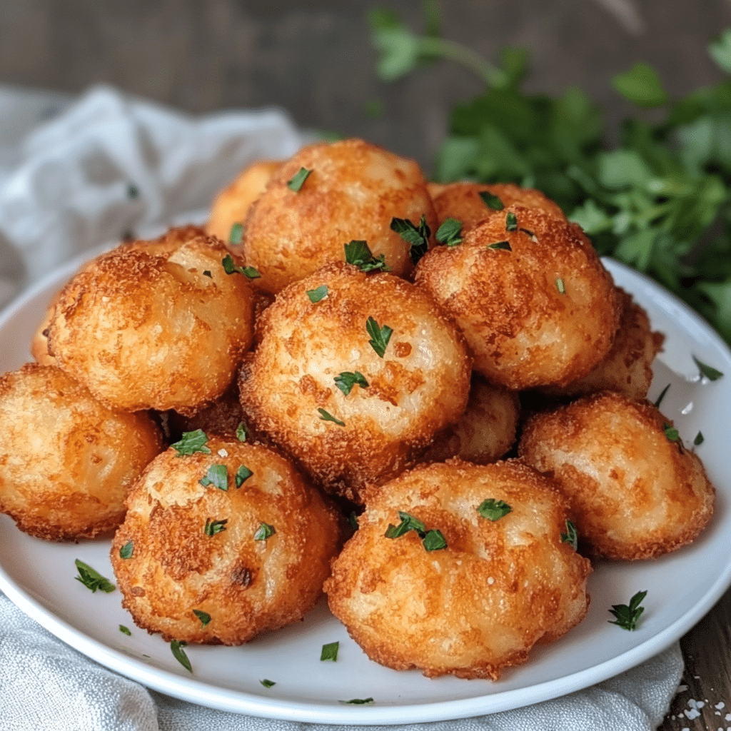 Chiftele de pui prăjite sub formă de biluțe aurii, servite pe un platou alb cu pătrunjel