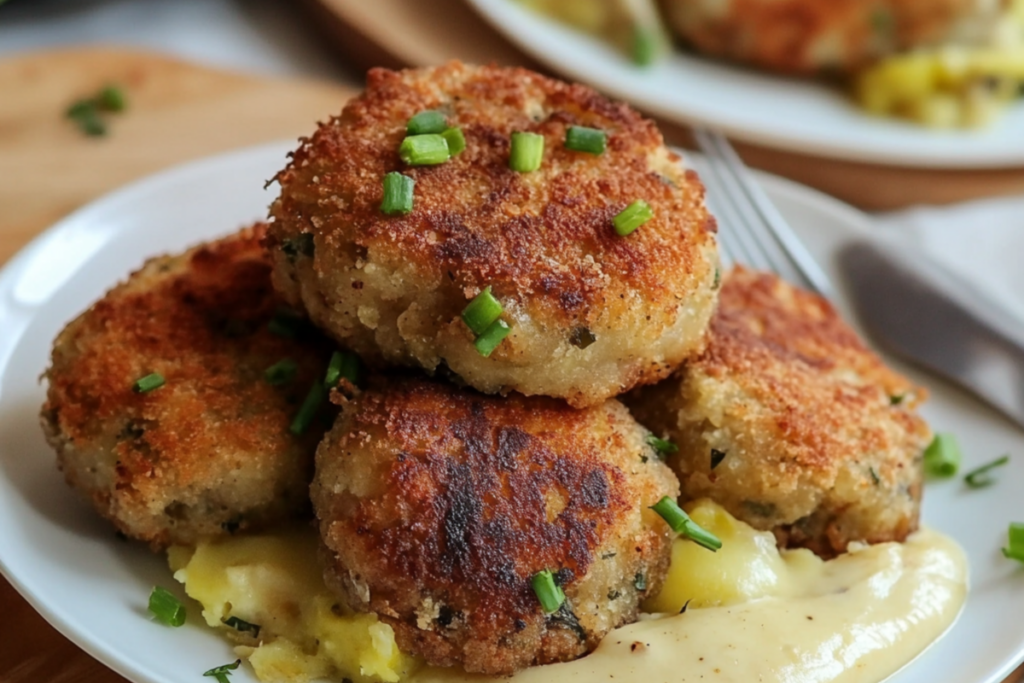 Prim-plan cu chiftele de pui crocante și aurii, garnisite cu pătrunjel proaspăt