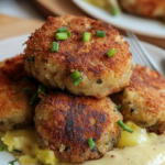 Prim-plan cu chiftele de pui crocante și aurii, garnisite cu pătrunjel proaspăt