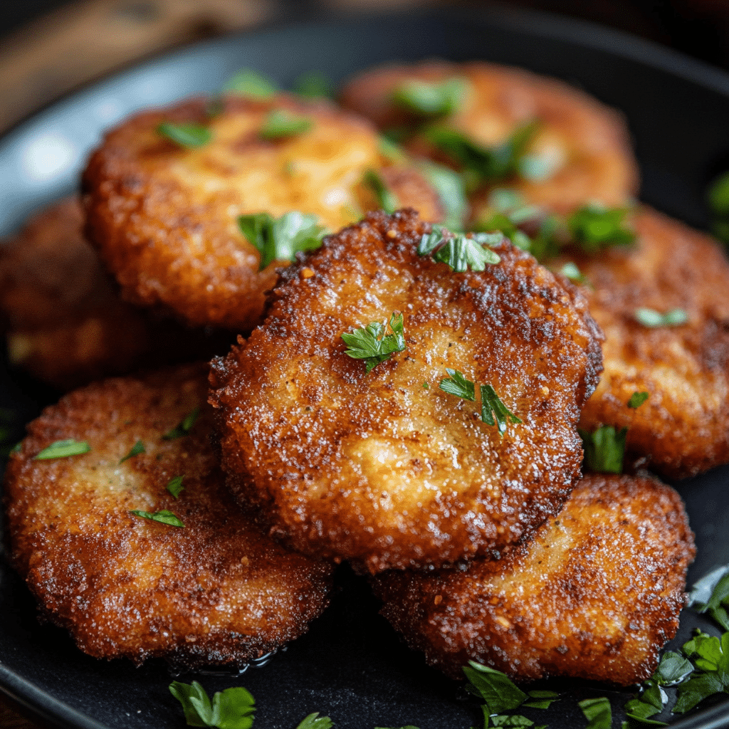 Chiftele de pui crocante servite peste piure de cartofi cremos, garnisite cu ceapă verde