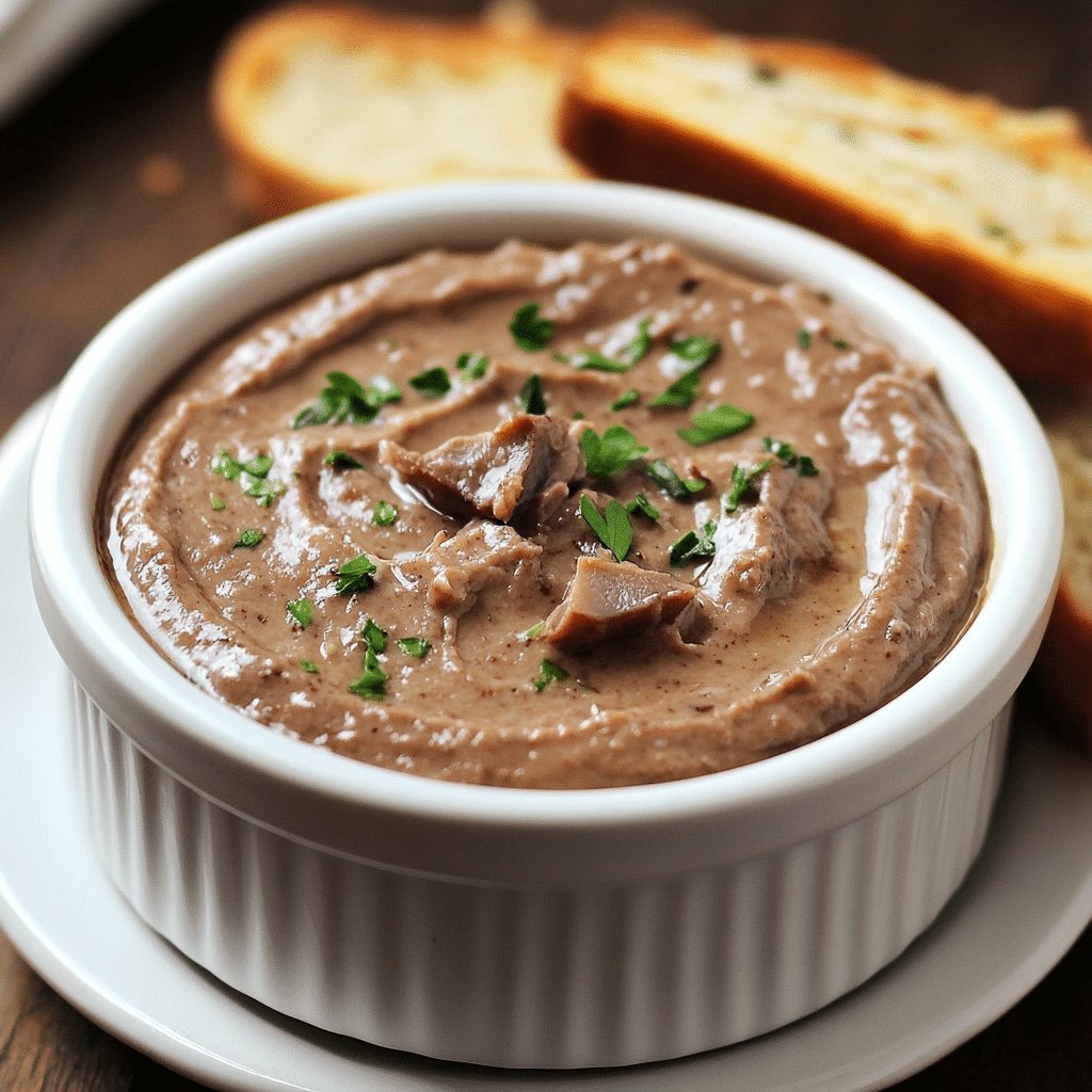 Pate de ficat de pui cremos: rețeta delicioasă și rapidă de casă 6 Pate de ficat de pui cremos, servit in bol alb cu lingura si verdeata proaspata