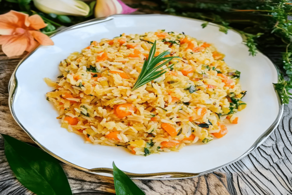 Pilaf de orez simplu cu morcovi și pătrunjel servit într-un bol rustic