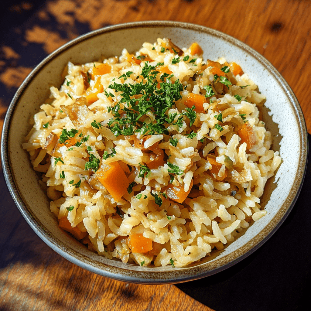 Pilaf de orez simplu servit pe farfurie albă cu morcovi și verdeață proaspătă