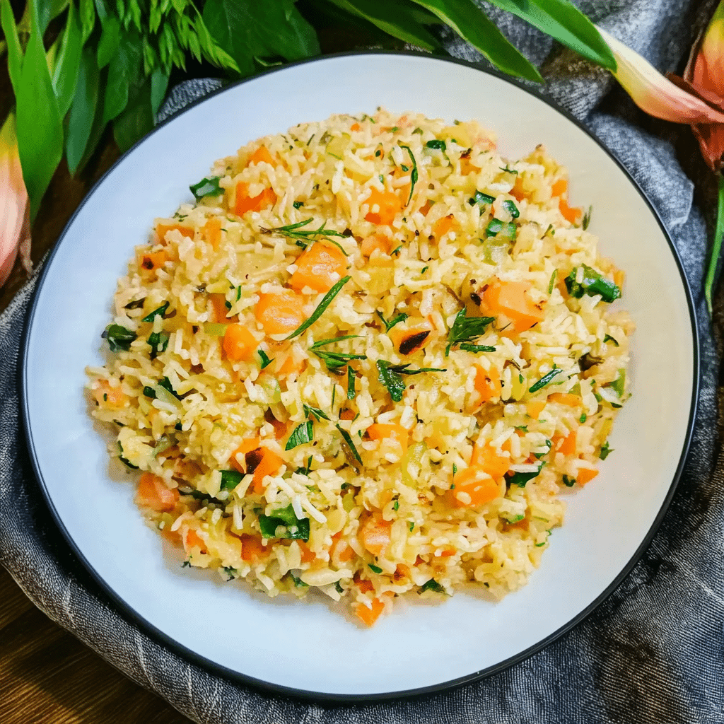 Pilaf de orez simplu cu morcovi și verdeață fotografiat de sus pe farfurie gri