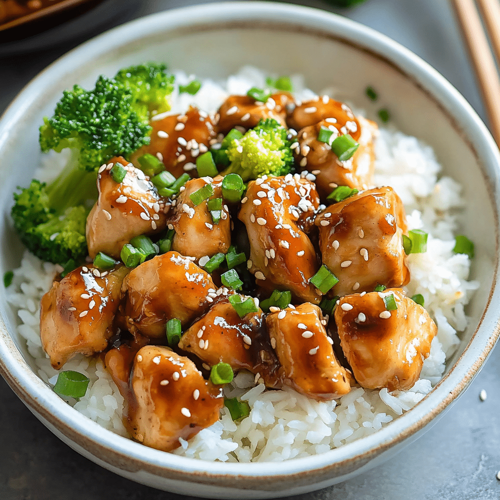 Pui teriyaki in sos bogat, cu ceapa verde si susan, vazut de sus in bol