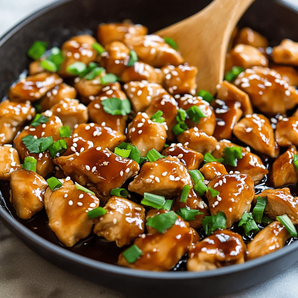 Pui teriyaki servit peste orez cu broccoli si topping de ceapa verde