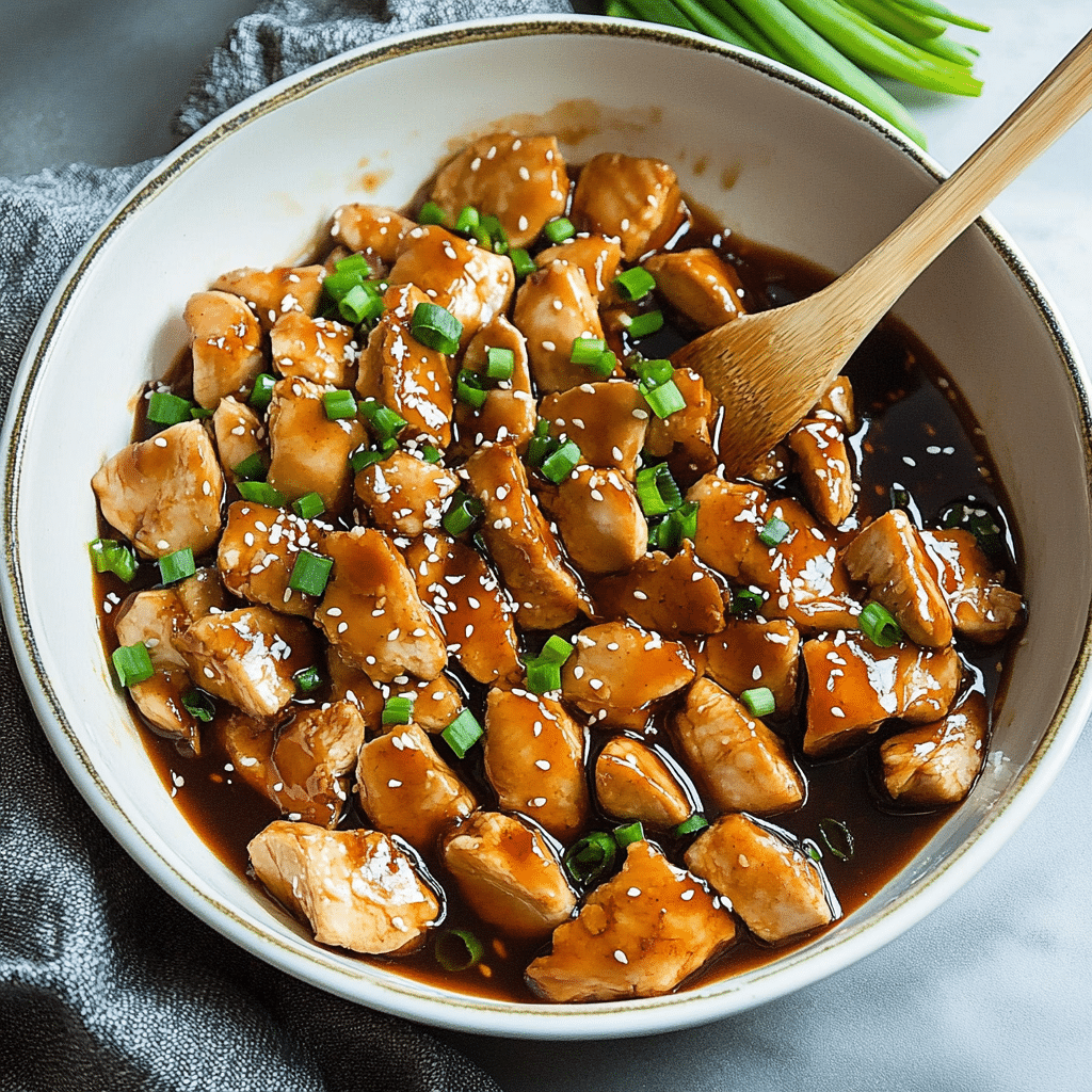 Pui teriyaki gatit in tigaie, cu sos caramelizat si ceapa verde