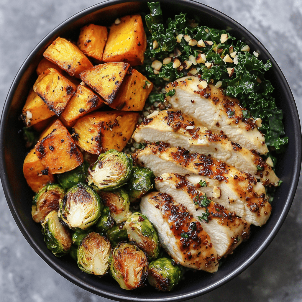 bol proteic cu pui servit cu dressing cremos, avocado și migdale crocante