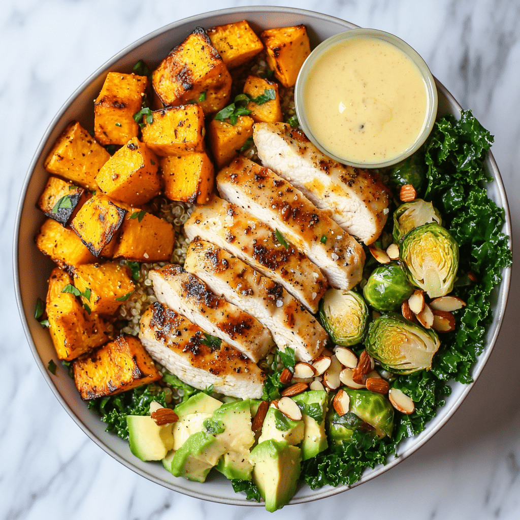 bol proteic cu pui în prim-plan cu cartofi dulci copți și varză de bruxelles rumenită