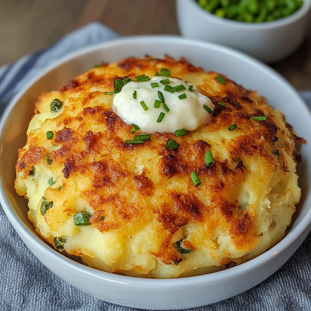 cartofi zdrobiți la air fryer în bol rustic cu sos și lumină caldă