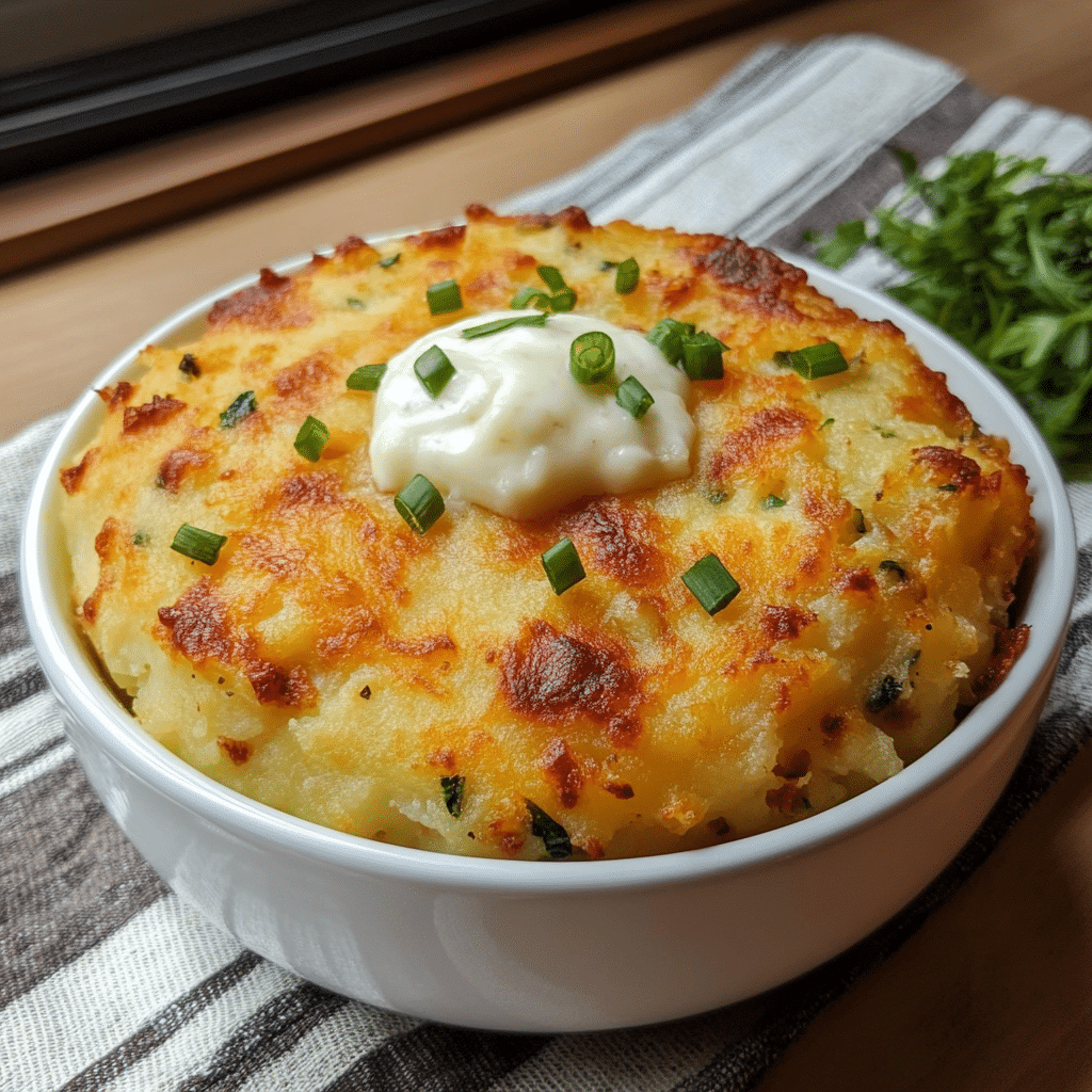 cartofi zdrobiți la air fryer în prim-plan cu topping cremos și ceapă verde