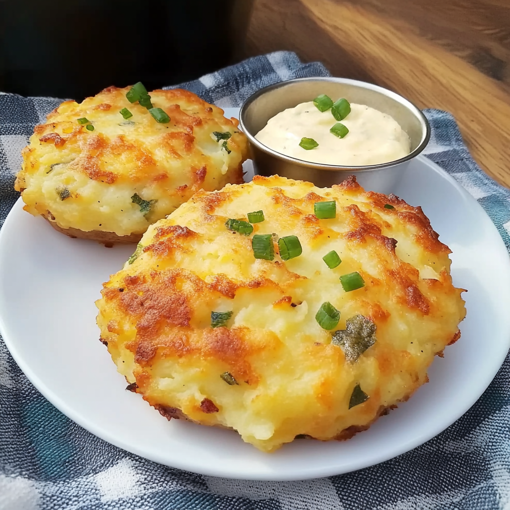 cartofi zdrobiți la air fryer serviți pe farfurie cu sos de smântână și ceapă verde