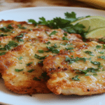 Escalop de pui crocant, servit cu felii de lămâie și verdeață proaspătă