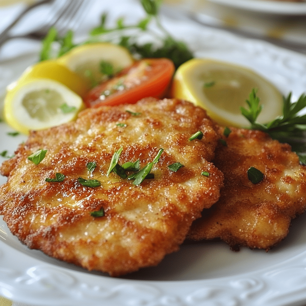 Escalop de pui suculent cu pătrunjel și felii de lime, văzut din lateral