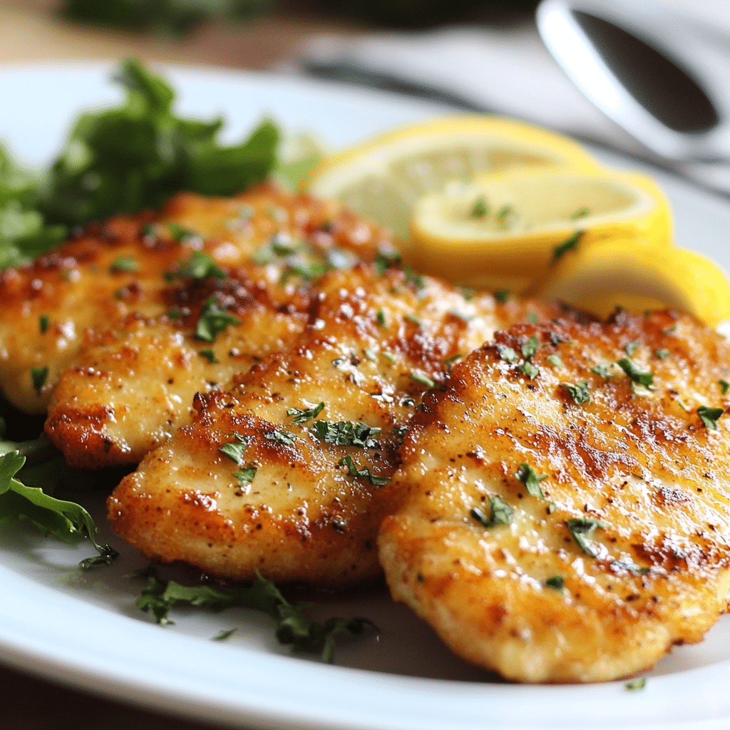 Escalop de pui rumenit pe farfurie, cu roșii și lămâie alături