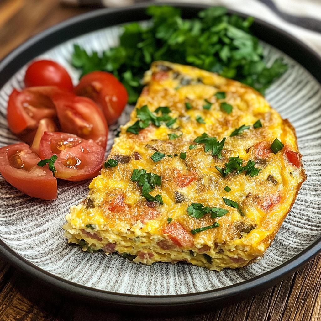 Frittata la air fryer servită pe farfurie, felie cu roșii și verdeață alături