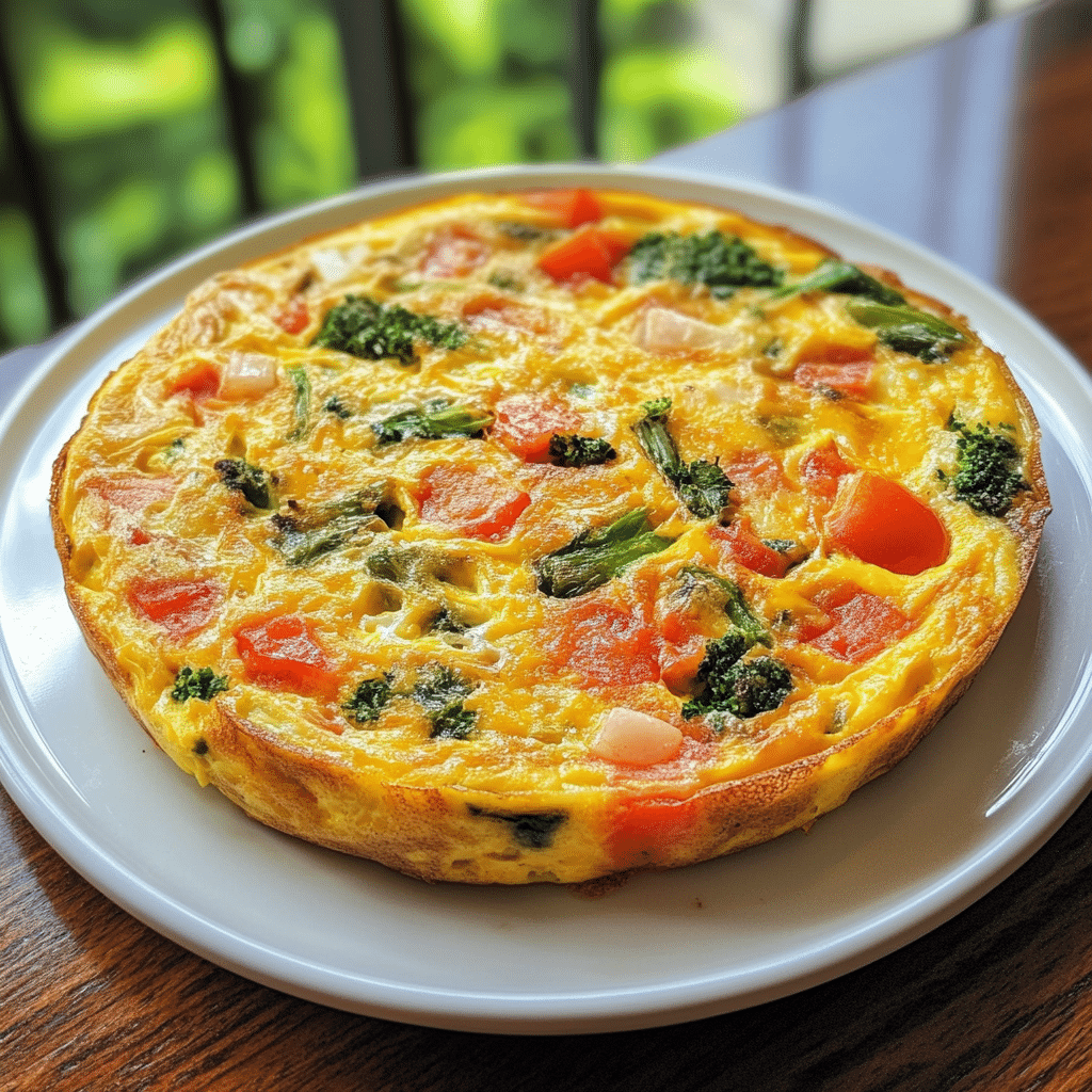 Frittata la air fryer cu legume colorate, vedere laterală pe farfurie albă