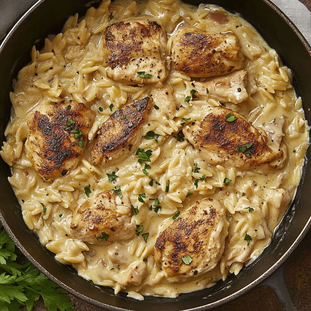 orzo cremos cu pui close-up, textură fină a sosului și bucăți suculente de carne