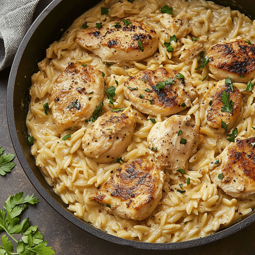 orzo cremos cu pui servit cu pătrunjel proaspăt, sos cremos și prezentare rustică