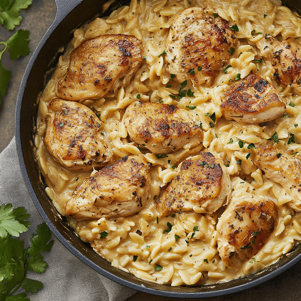 orzo cremos cu pui în tigaie, vedere centrată cu bucăți de pui bine rumenite