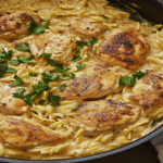 orzo cremos cu pui rumenit în tigaie, vedere de sus, sos cremos și pătrunjel proaspăt