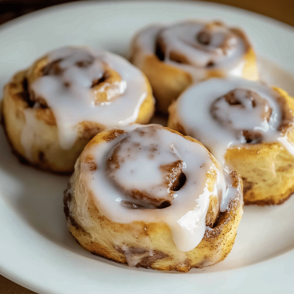 rulouri cu scorțișoară la air fryer aranjate pe farfurie cu glazură lucioasă