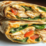 wrap proteic crocant la air fryer secționat cu pui, spanac și sos cremos